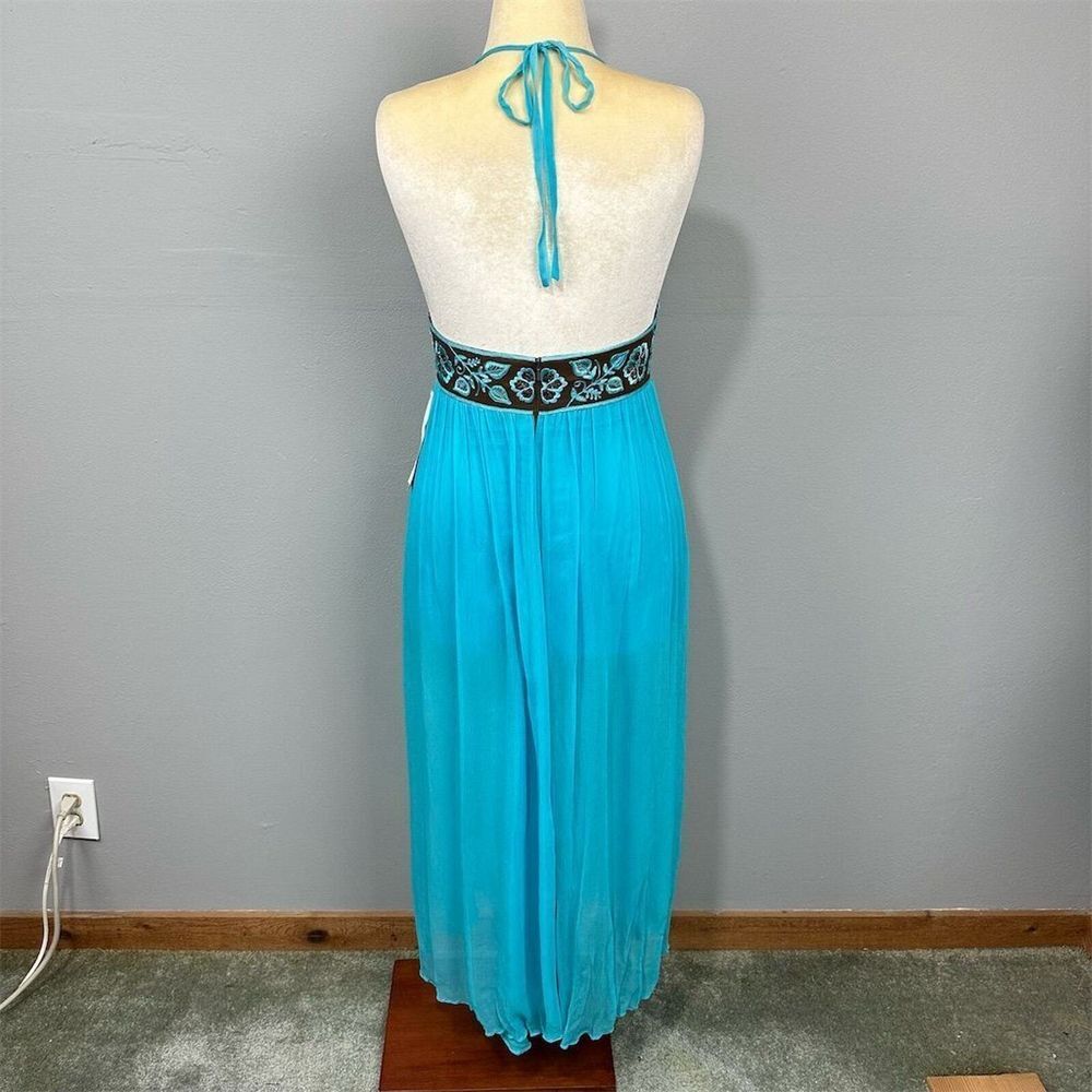 Jovani Dolce Embroidered Maxi Dress Blue‎ Size 10 Silk Halter Plunge V Backless - Picture 12 of 16